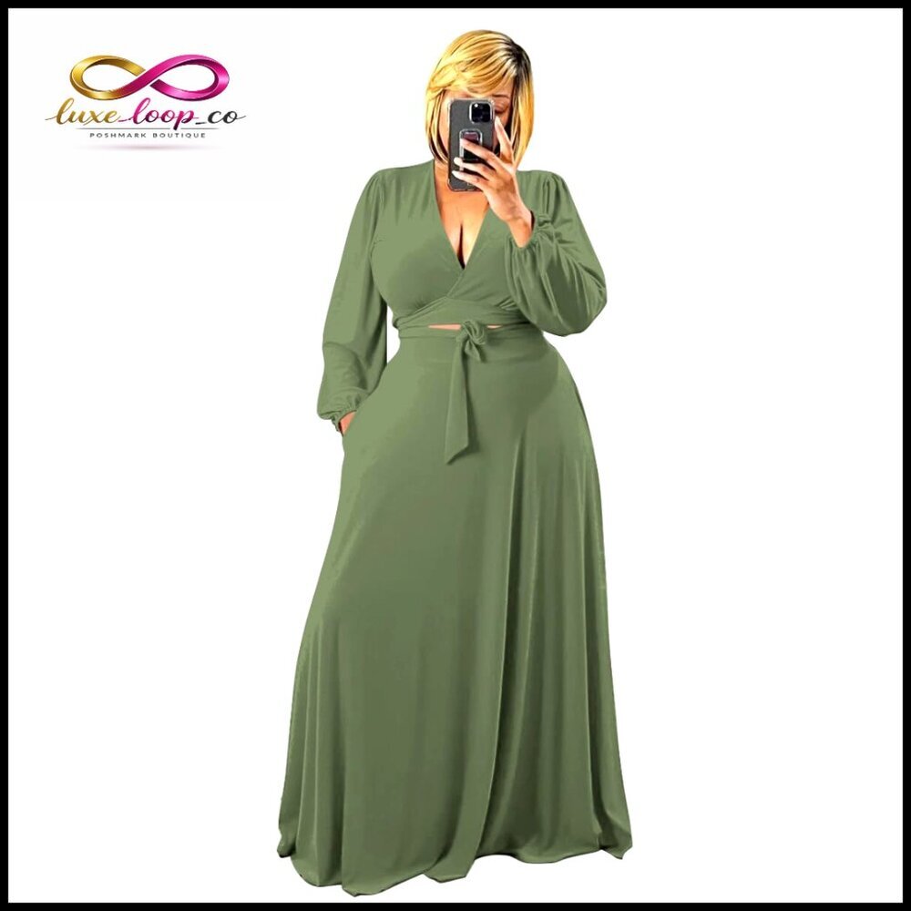 Plus‎ Size Long Sleeve Wrap Crop Top Maxi Dress Matching Set Casual